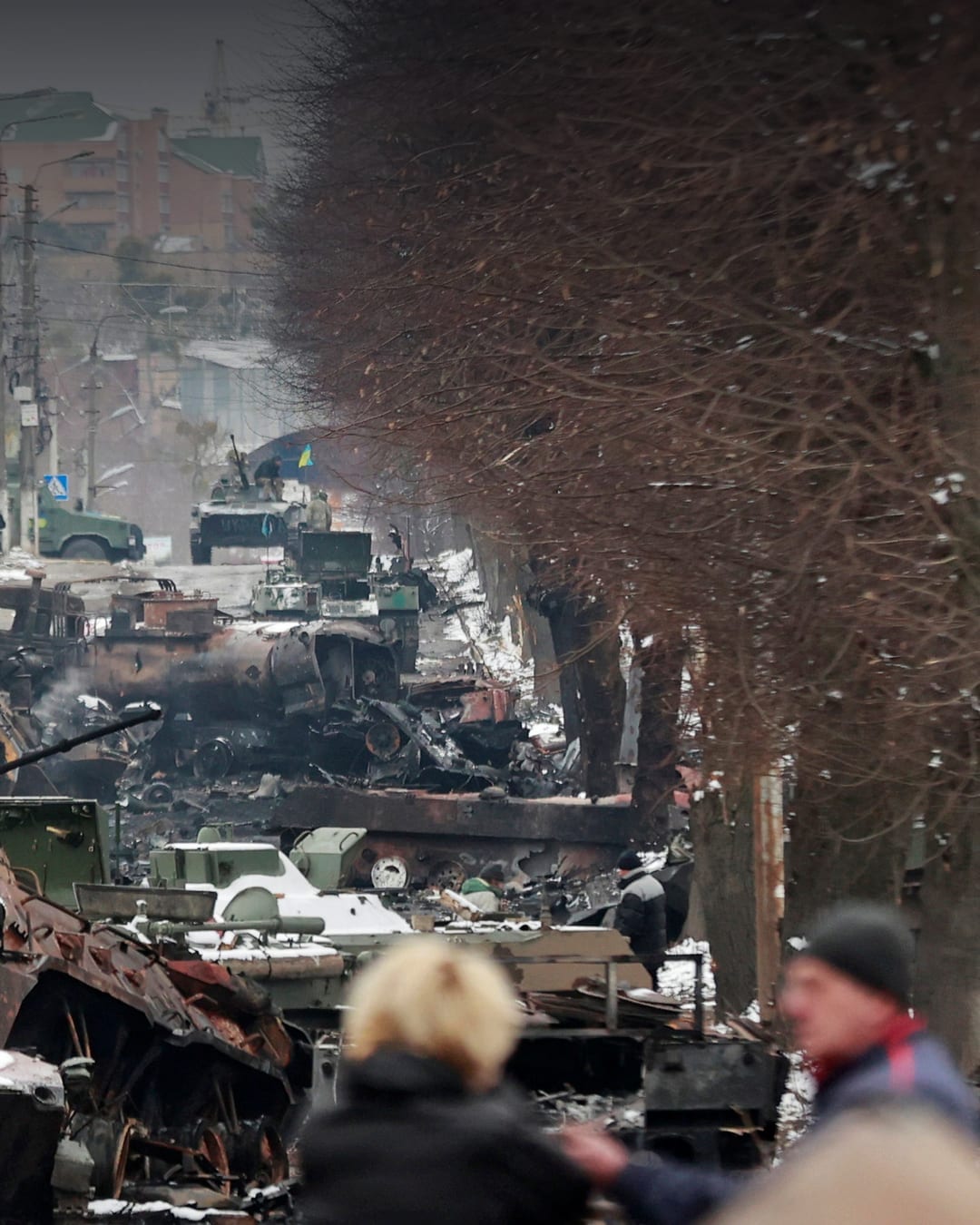 Destroyed military vehicles in Bucha during Russia's invasion of Ukraine