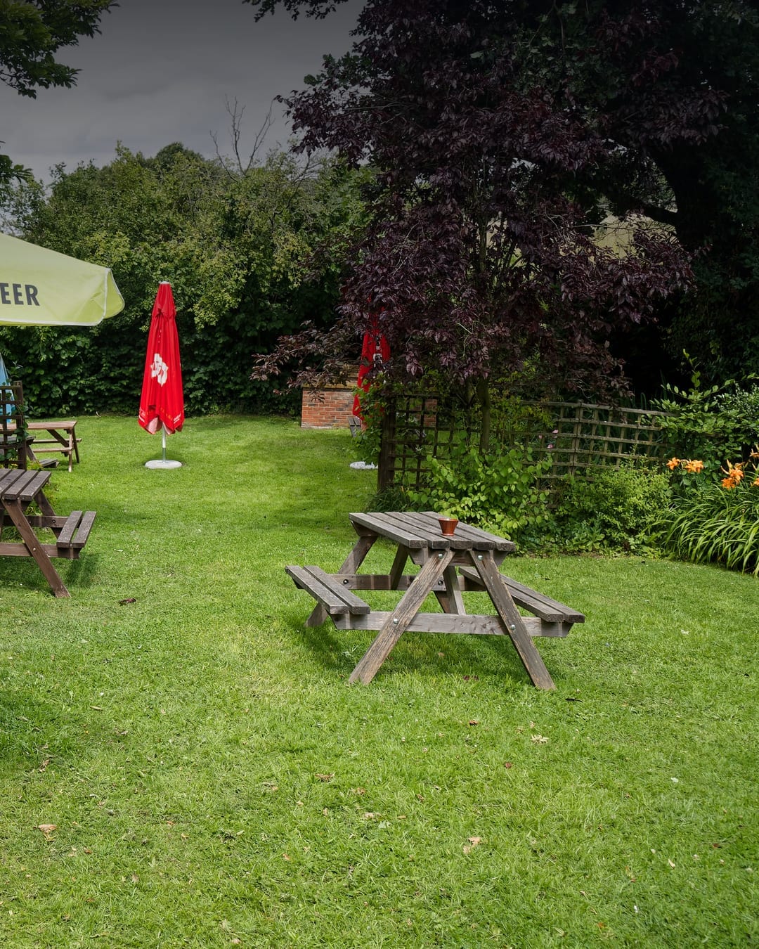 Pub beer garden tables at The Swan in Great Easton, Essex