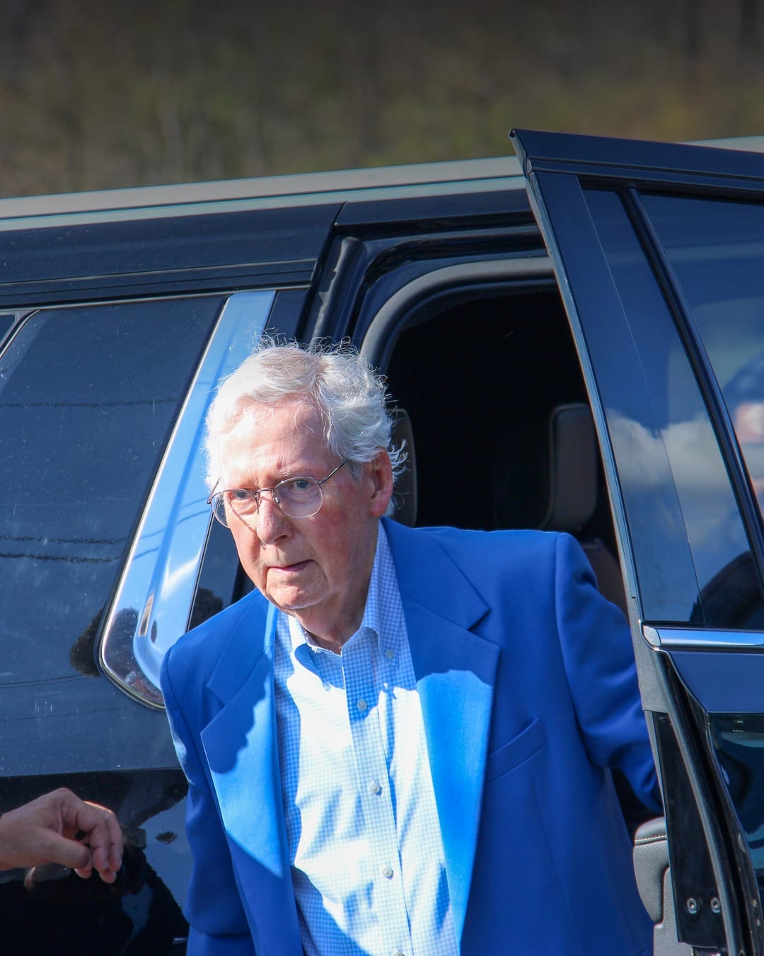 Senator Mitch McConnell exits a vehicle in Kentucky in October 2024