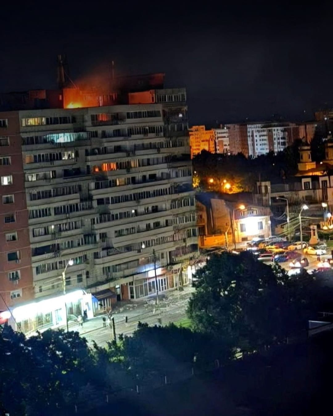 Fire on the roof of a Galati apartment building after a Russian drone crash