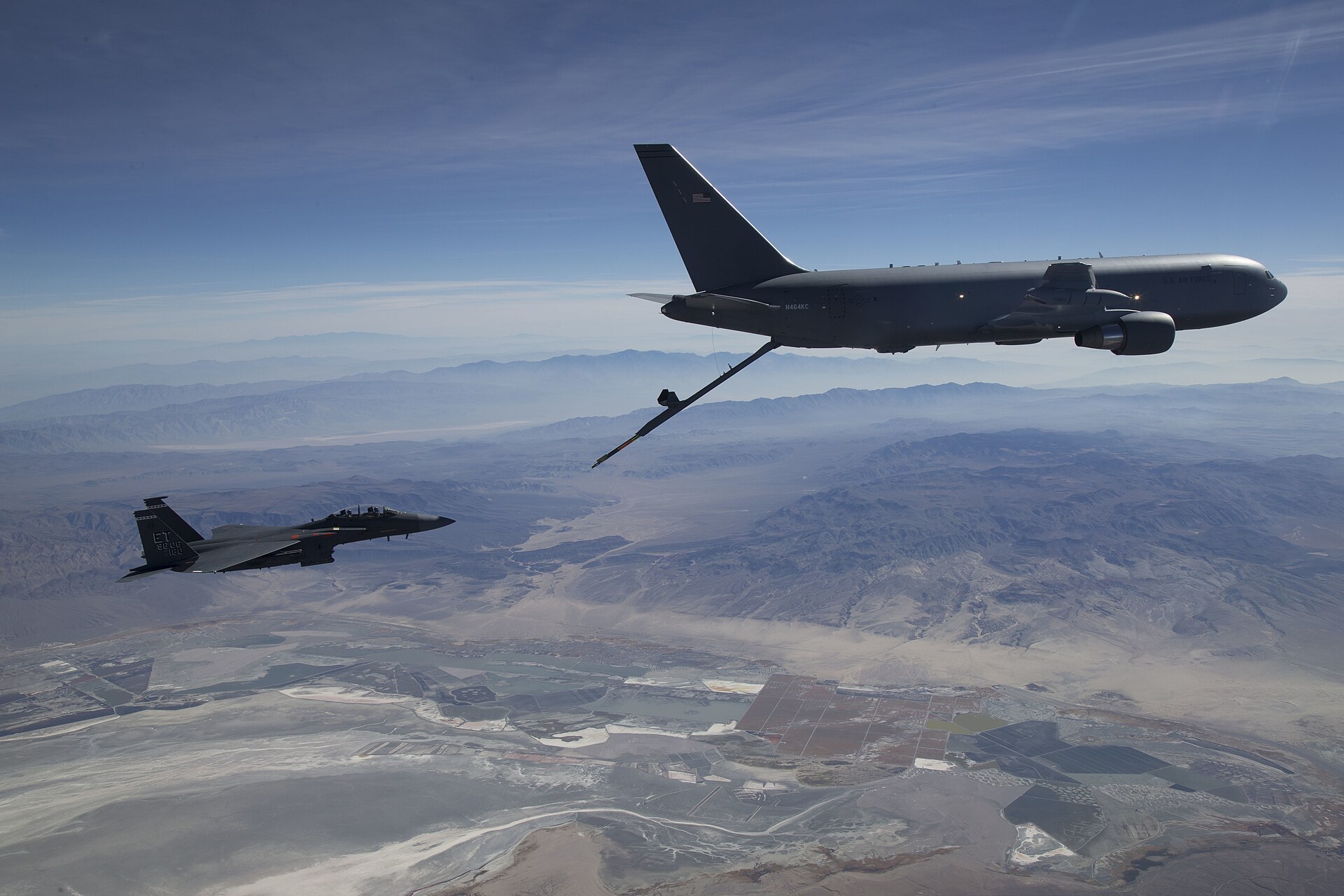 A U.S. Air Force KC-46A Pegasus refuels an F-15 Strike Eagle