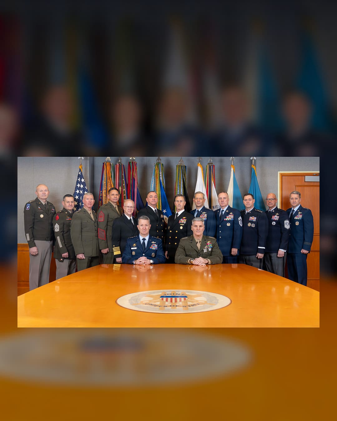 The Joint Chiefs of Staff and senior enlisted advisers pose for a Pentagon photo in January 2026
