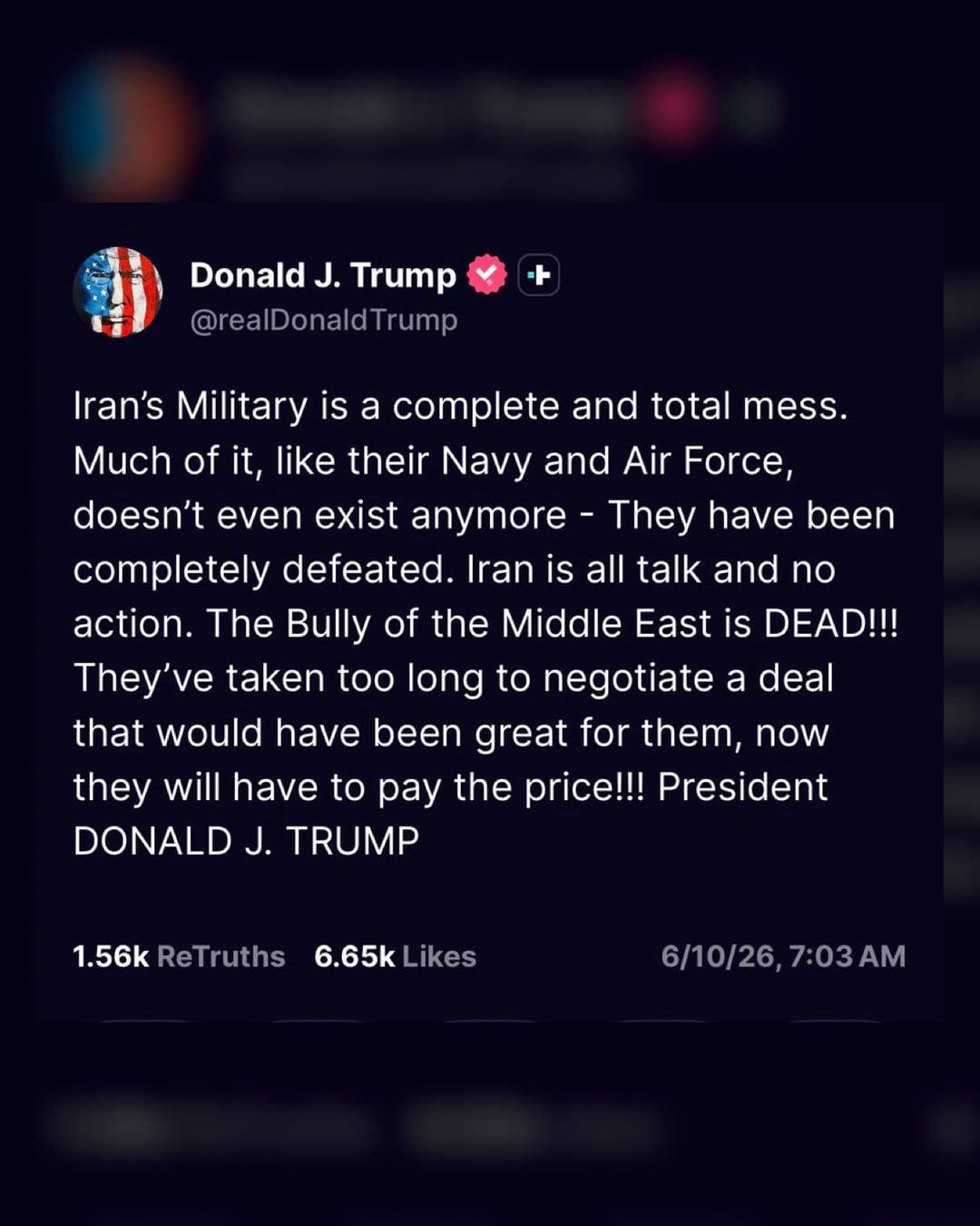 Screenshot of Donald Trump's Truth Social post warning Iran will have to pay the price