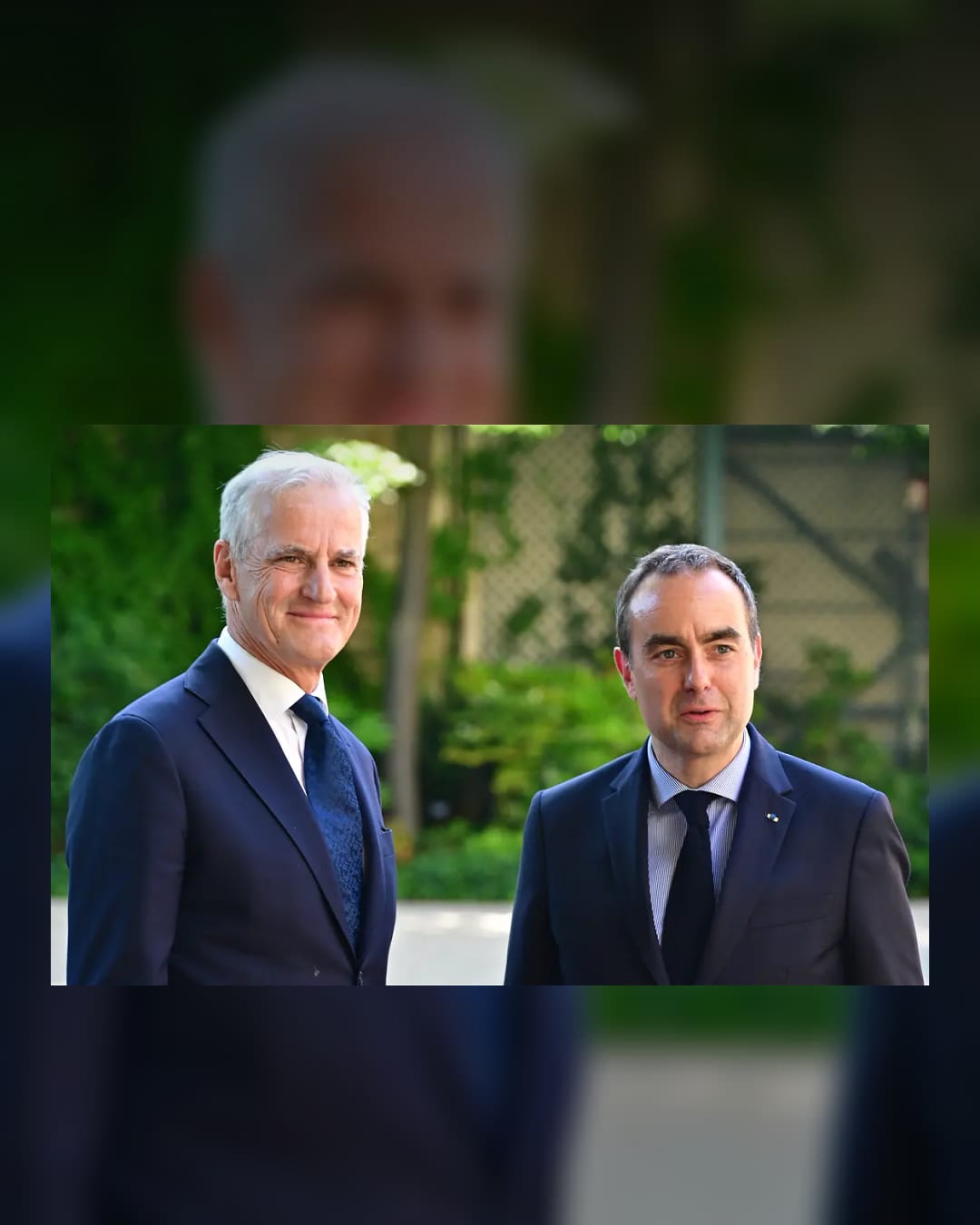 Norwegian Prime Minister Jonas Gahr Store and French Prime Minister Sebastien Lecornu in Paris